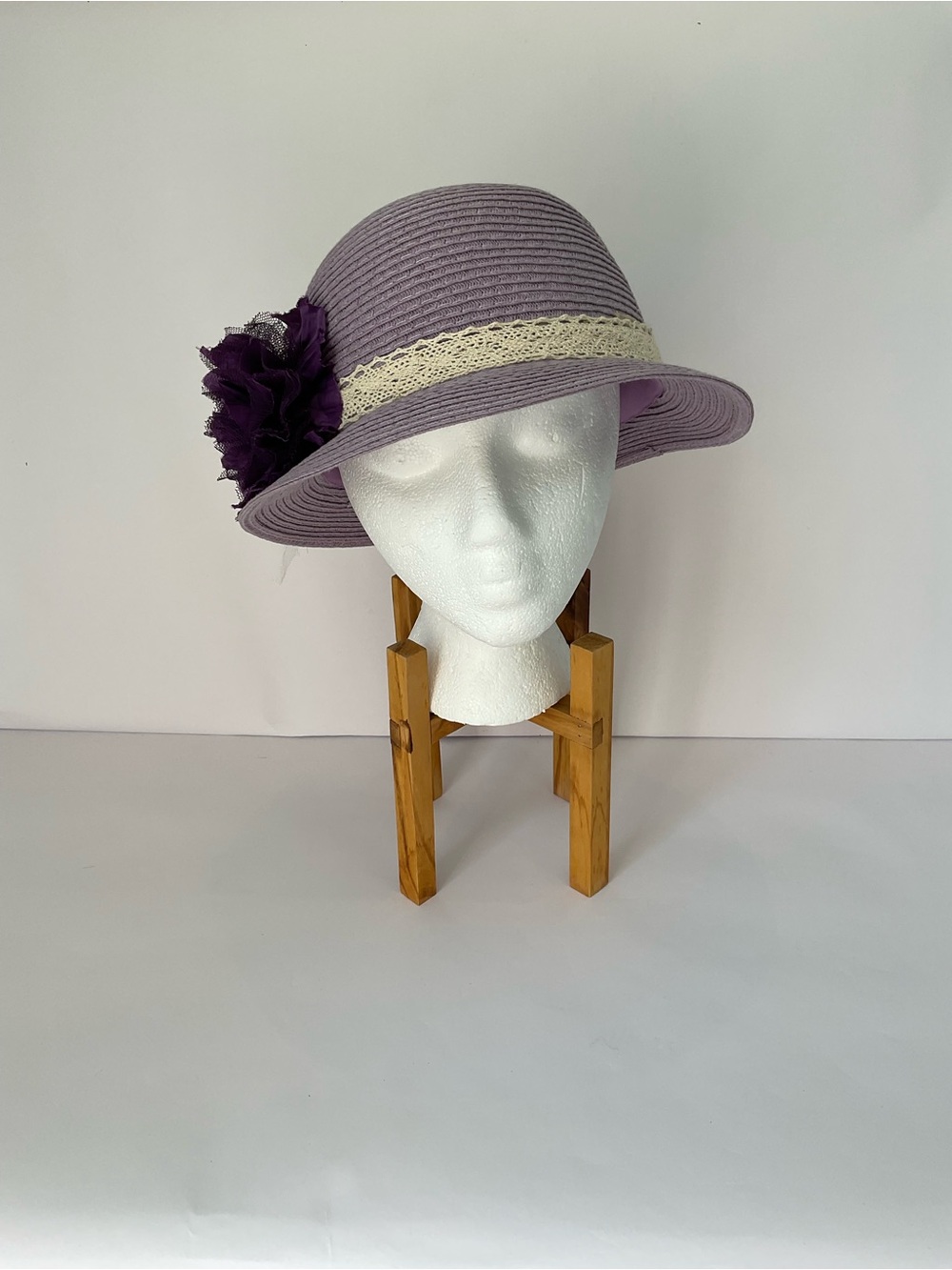 D&Y Lavender Straw Cloche Hat with Deep Purple & White Flower
